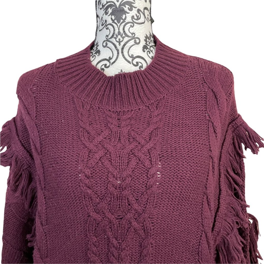 Leith | Women's Cable Knit Fringe Burgundy Maroon Red Sweater 1X - Picture 3 of 7